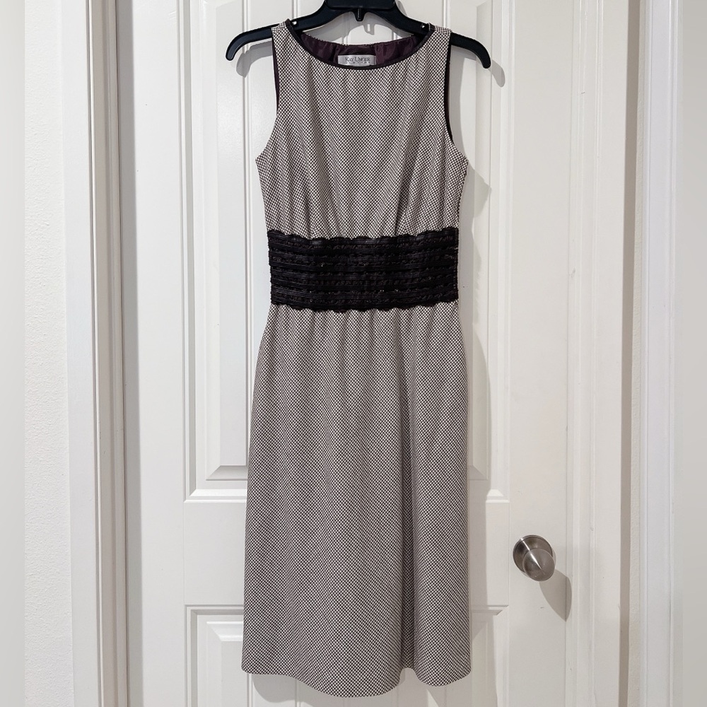 Kay unger sleeveless lace detail waist cocktail leather trim sheath dress size 6